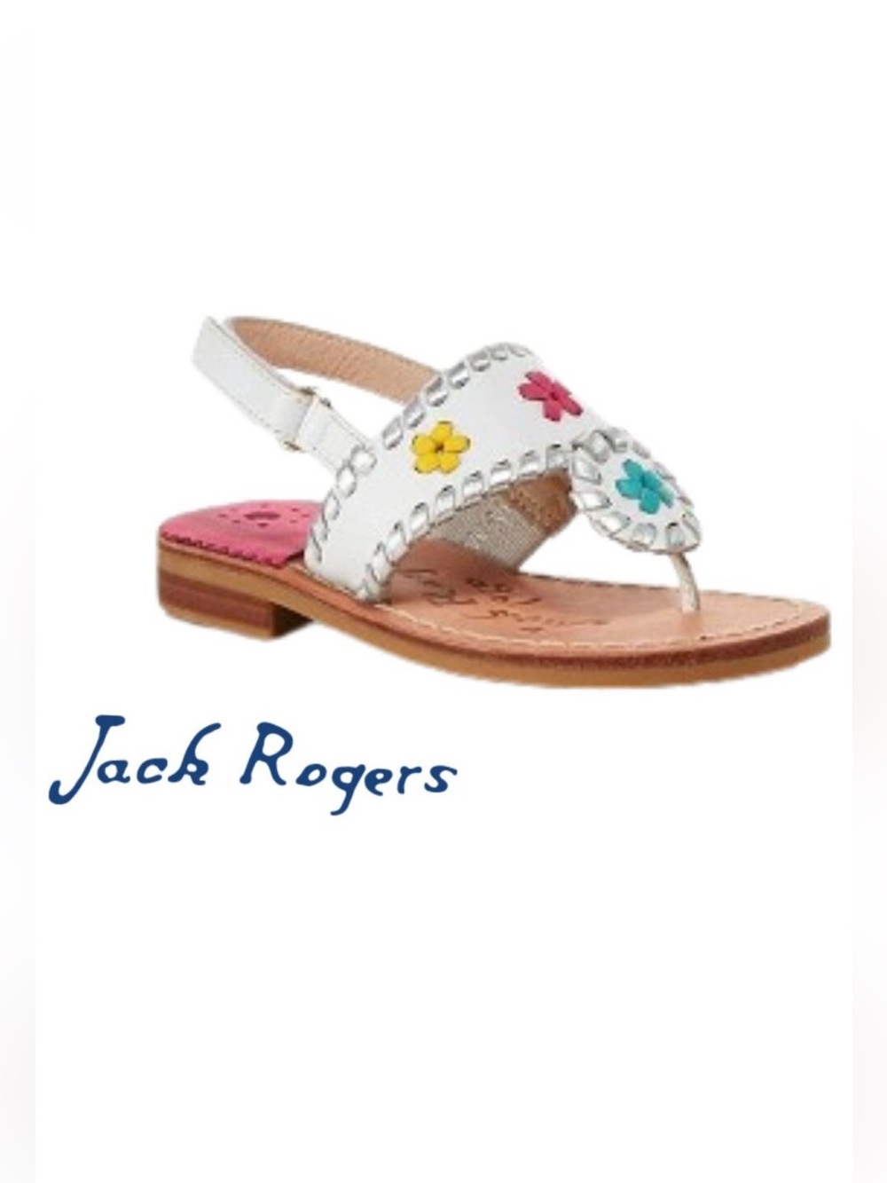 Jack Rogers White Leather Kids Sandal with Pink, Yellow & Teal Floral Accents